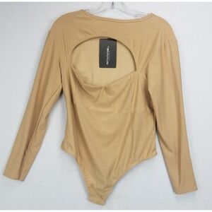 Prettylittlething Bodysuit SZ 14 Tan Cutout Snaps Bust Cup